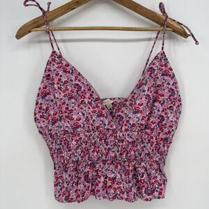 Sim Sam Crop Top Women XL Pink Floral Tank Tie Strap Ruffle Cottage Rodeo Resort